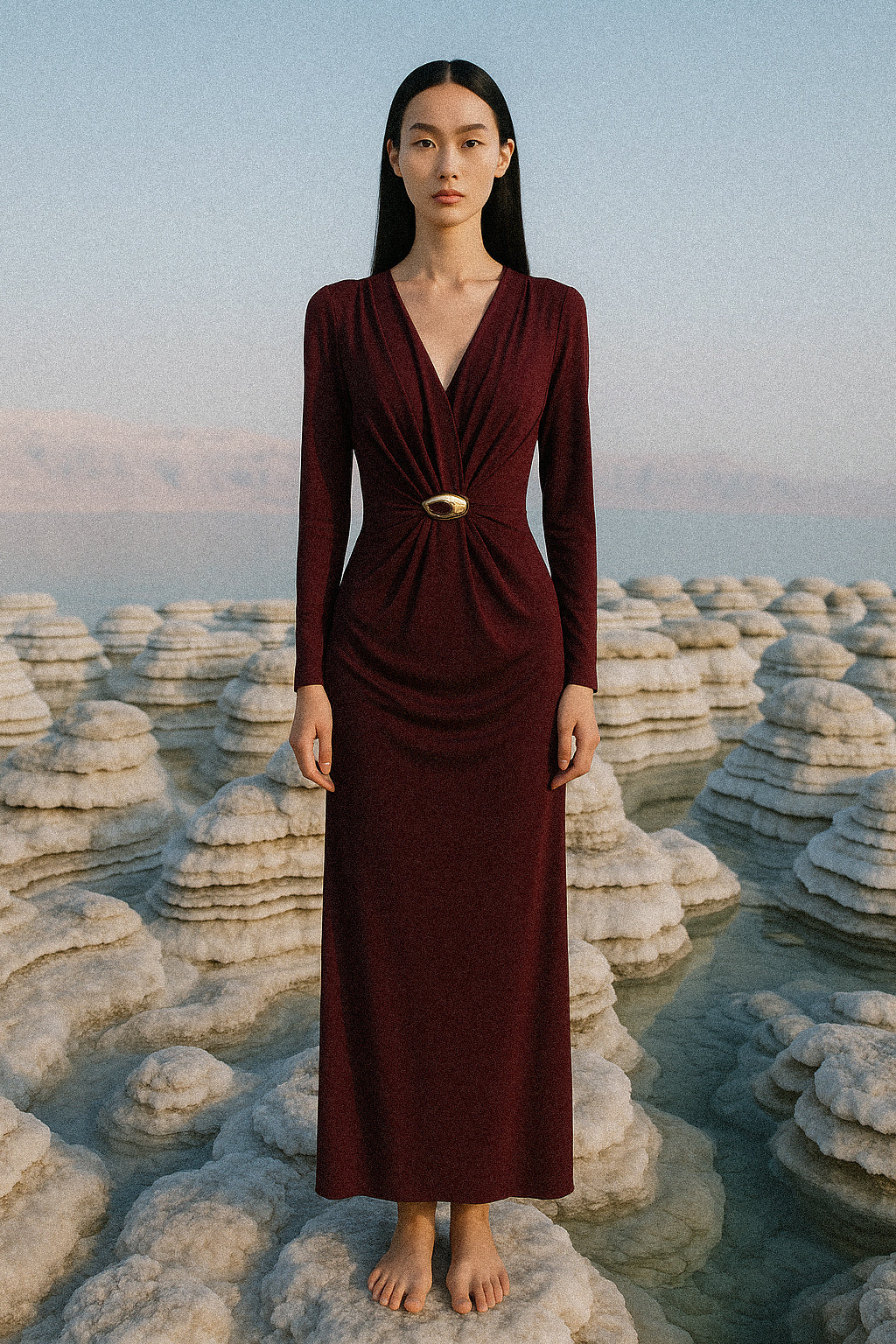 Bordeaux Maxi Dress with Gold Detail